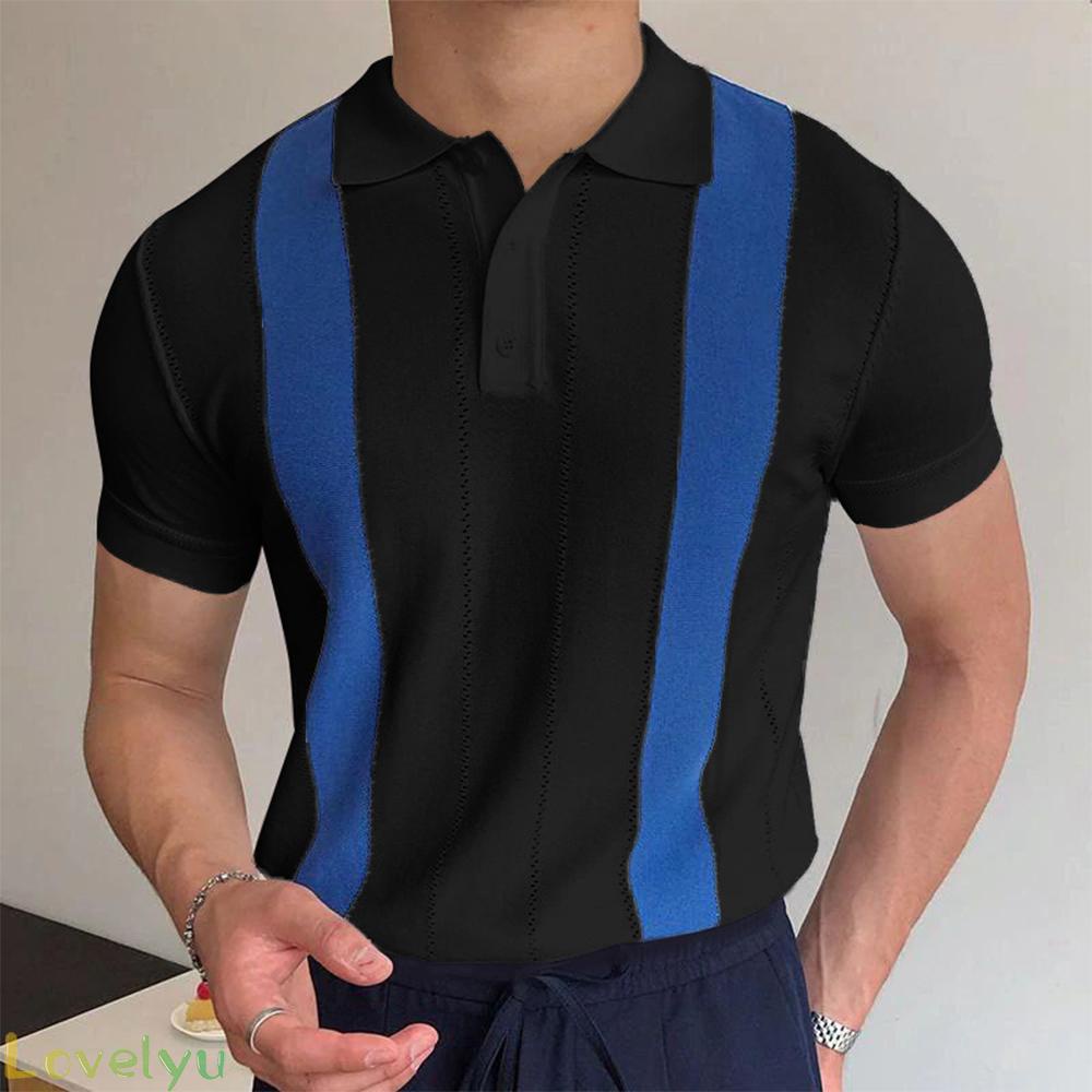 &lt;READY STOCK&gt;Summer Fashion Men Lapel Collar Top slim Shirt Casual Style Short Sleeve T-shirt White Striped Short Sleeves100% brand new！