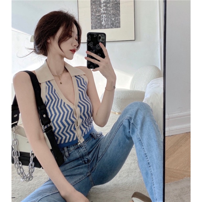 Áo croptop len cổ bẻ V kẻ (bao chất đẹp)