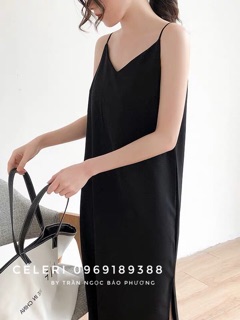 Váy hai dây đen basic xẻ 1 bên dáng xuông