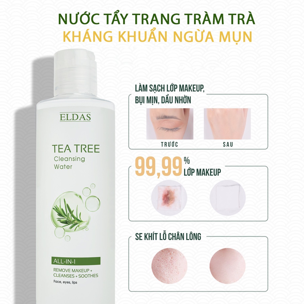 Nước Tẩy Trang Eldas Dành Cho Da Dầu Mụn, Tinh Chất Tràm Trà Lành Tính Làm Sạch Sâu Không Cồn Thẩm Thấu Nhanh 250ml/chai