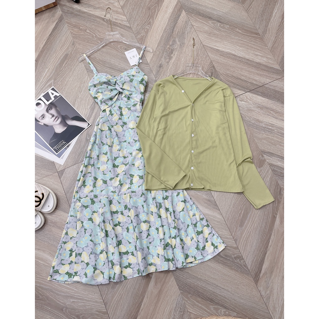 Set váy hay dây dáng đuôi cá kèm áo khoác cardigan mặc ngoài - SENA STUDIO