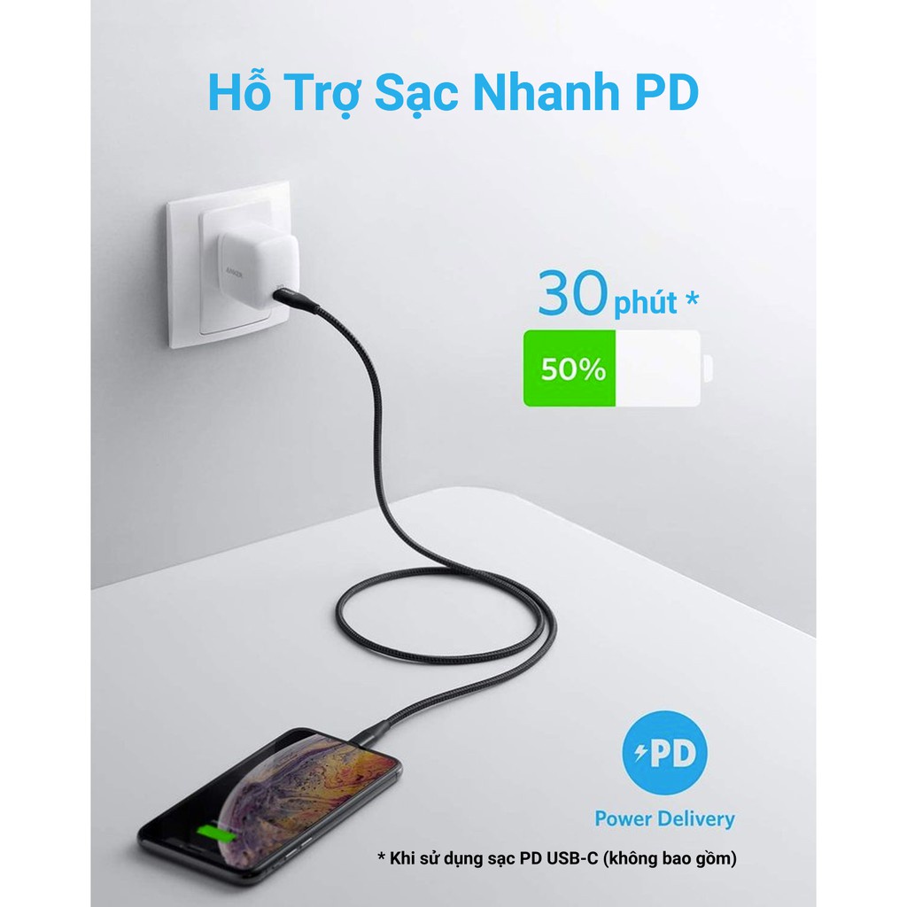 Cáp sạc nhanh ANKER PowerLine+ II USB-C to L bọc dù, dài 0.9m A8652 - Bảo hành 12 Tháng