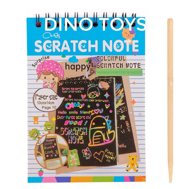 Đồ chơi trẻ em sổ vẽ ma thuật scratch note 10 tờ SIZE 14.5x10 cm, tạo nét vẽ nhiều màu trên nền giấy đen bằng bút tre