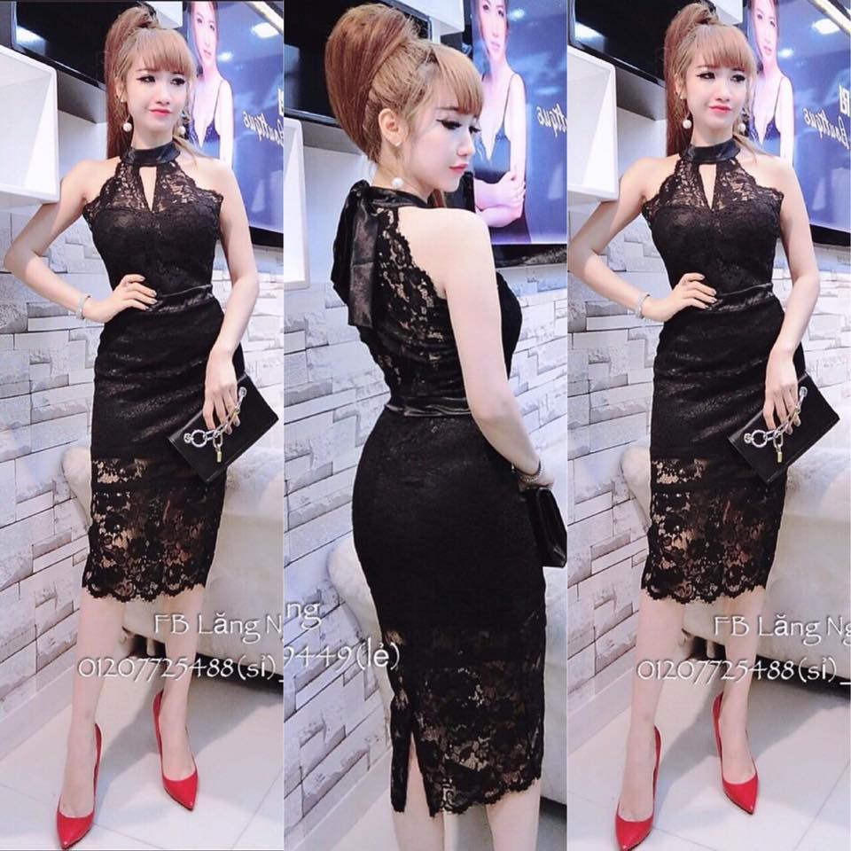 (Kèm hình thật) - Đầm body ren cổ yếm cột nợ (đỏ, đen)