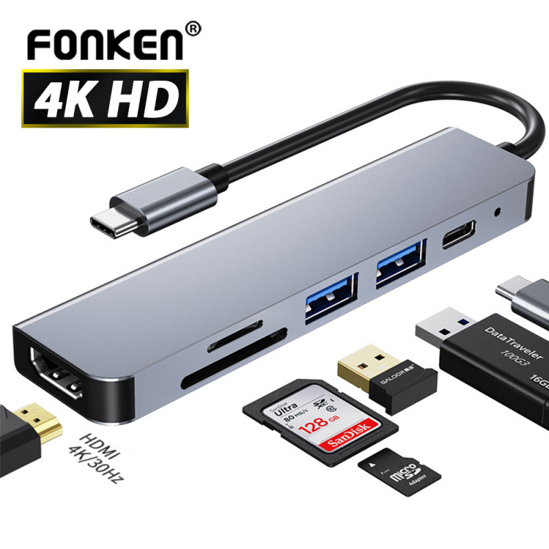 Hub USB C 6 Trong 1 FONKEN Mỏng Truyền Dữ Liệu Cực Nhanh Cho MacBook Pro Air/Máy Tính Bàn