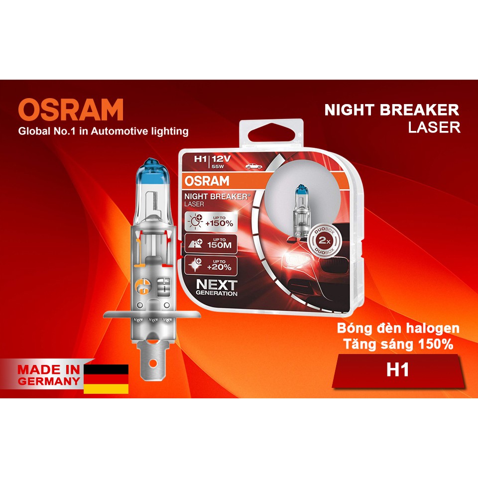 Combo 2 Bóng Đèn Halogen Tăng Sáng 150% OSRAM Night Breaker Laser H1 12V 55W - Nhập Khẩu Chính Hãng