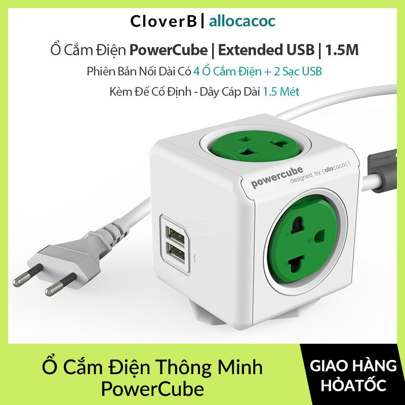 Ổ Cắm Điện Thông Minh Đa Năng Allocacoc PowerCube Extended USB, Chống Cháy, Cáp 1.5m, 4 Ổ Cắm 2 Sạc USB, Bảo Hành 2 Năm