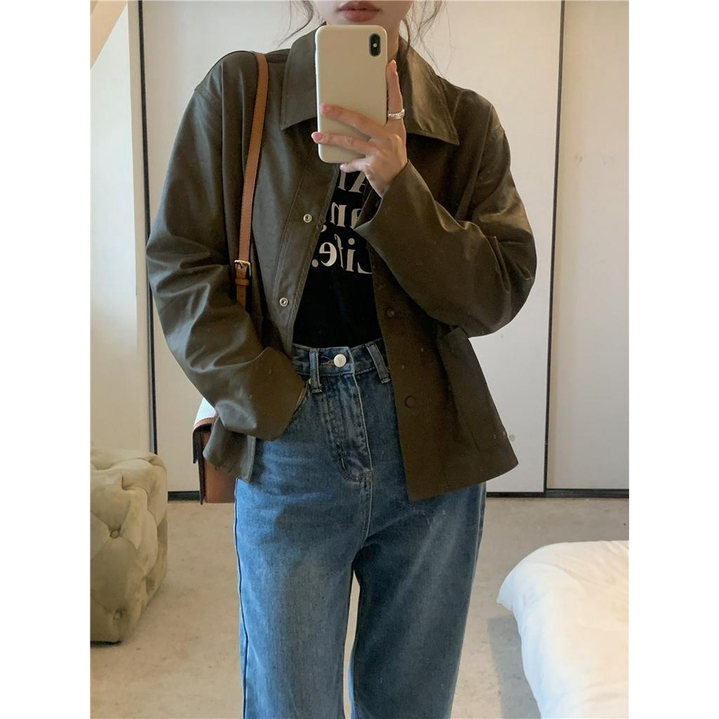 Áo Khoác Da Trơn Dài Tay Phong Cách Hàn Quốc Đơn Giản 61943 2 Màu Lựa Chọn