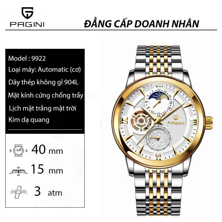 [Fullbox] Đồng Hồ Cơ Nam PAGINI Automatic PA9922 Kim Dạ Quang Dây Thép Không Gỉ Cao C