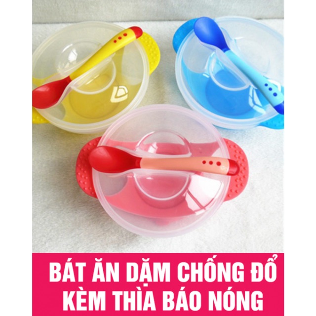 Bát ăn dặm chống đổ kèm thìa báo nóng / đế hút chân không