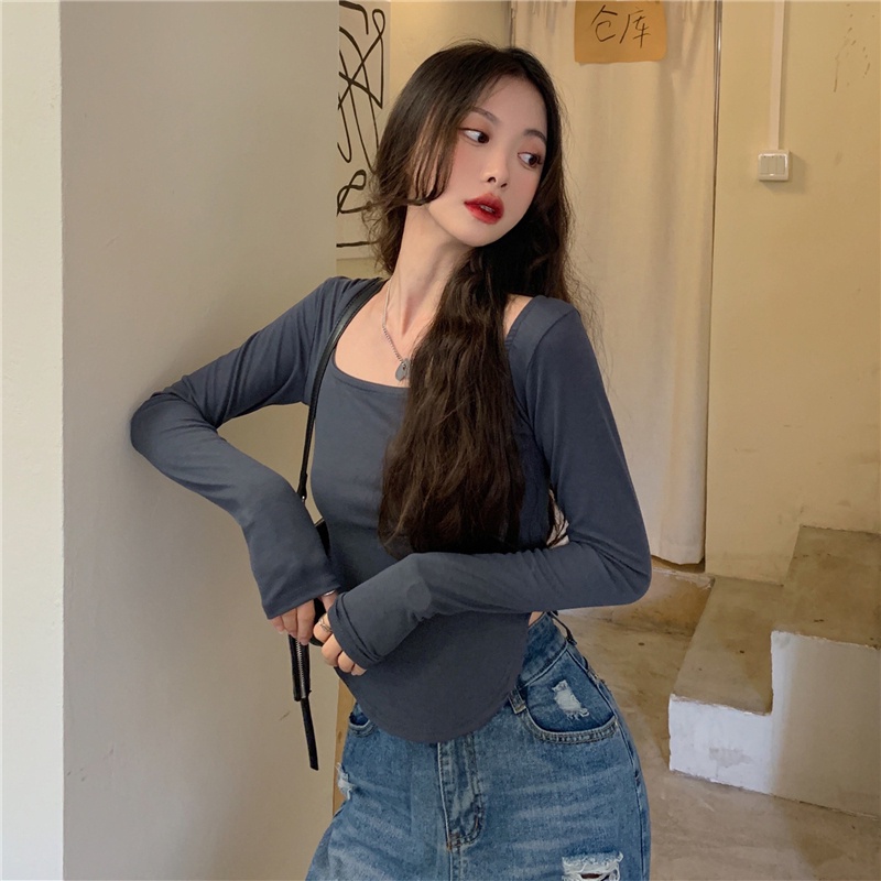 Áo thun tay dài dáng ôm dày dặn phong cách Hàn Quốc thời trang 2 màu lựa chọn cho nữ