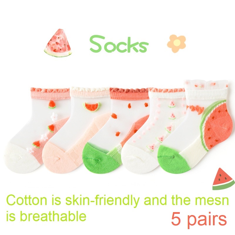 Set 5 Đôi Vớ Cotton Siêu Mỏng In Họa Tiết Trái Cây/Dưa Hấu Hoạt Hình Mùa Hè Cho Bé Gái Từ 1-12 Tuổi