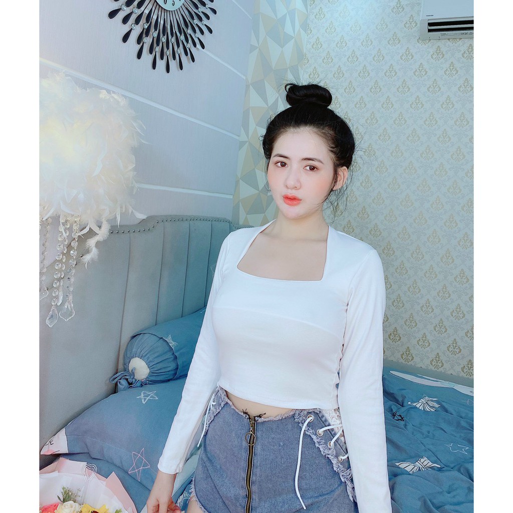 Áo kiểu croptop tay dài ôm body cổ U cực hot , chất thun bozip mềm mịn mát
