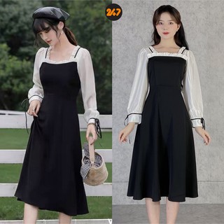 Đầm vintage dáng dài qua gối cổ vuông tay phối, Vaytaytrangno87