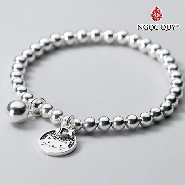 Lắc bi bạc 4mm cao cấp phối charm mèo may mắn - Ngọc Quý