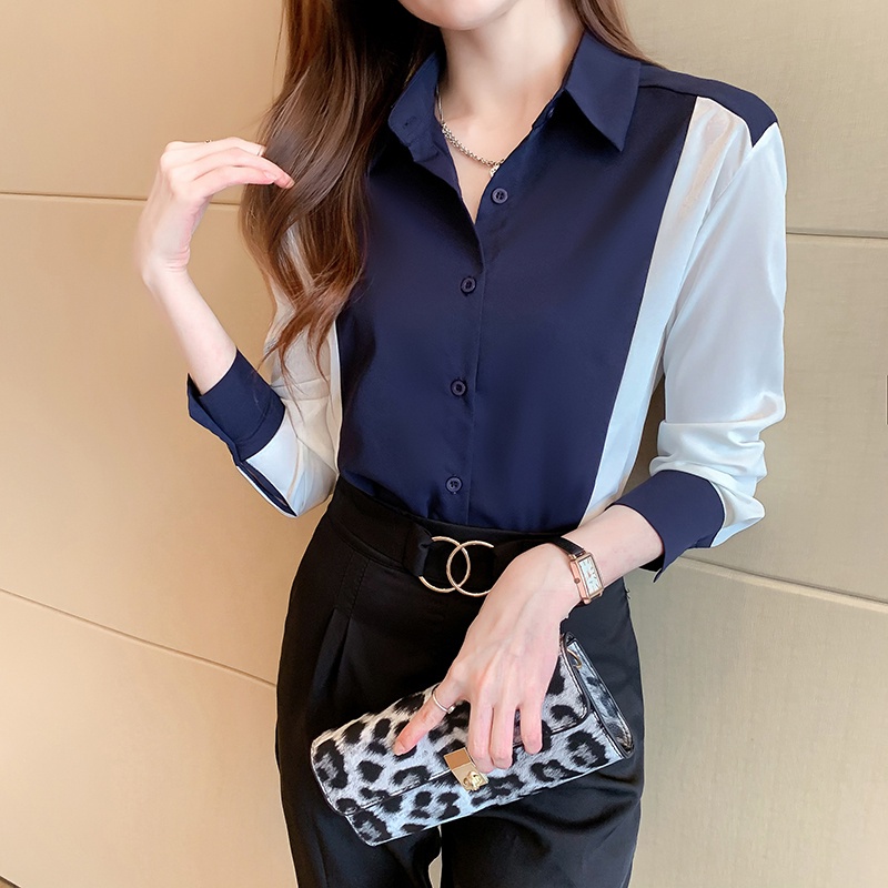Áo Sơ Mi Chiffon Dáng Rộng Phối Màu Phong Cách Châu Âu Thời Trang Xuân Thu Cho Nữ