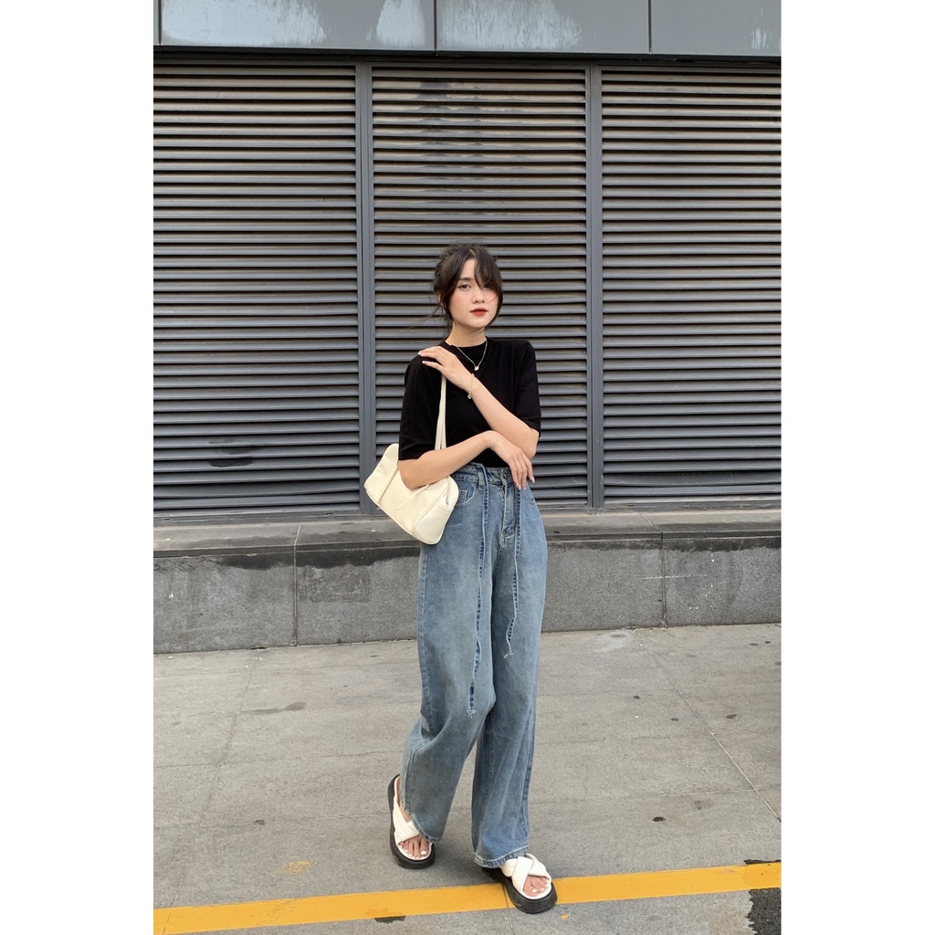 Quần jeans culottes trơn kèm dây buộc đai Q440 SUSTORE