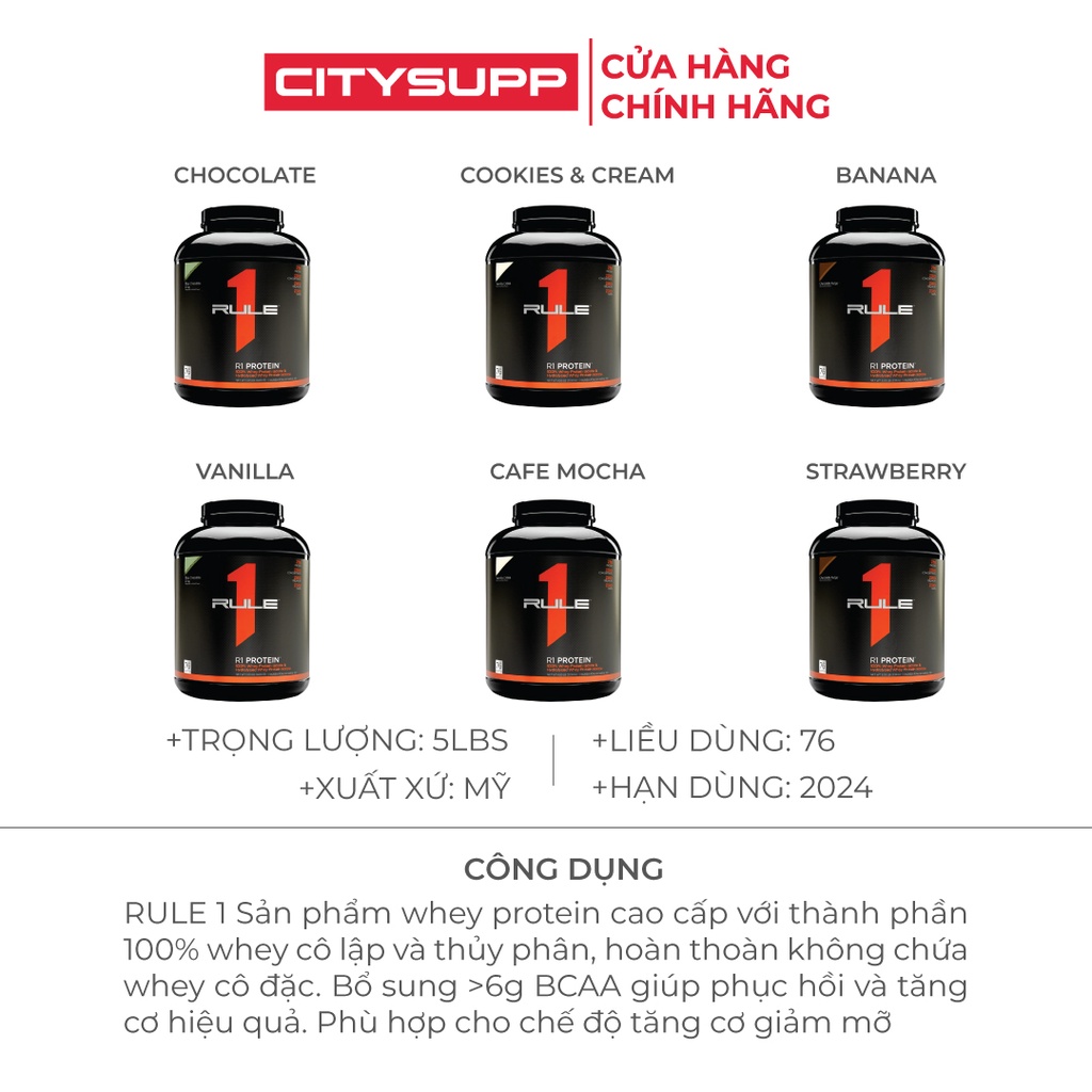 Rule 1 Whey Protein Isolate và Hydrolyzed  Hỗ Trợ Tăng Cơ/Giảm Mỡ, 25g Protein, 6g BCAA