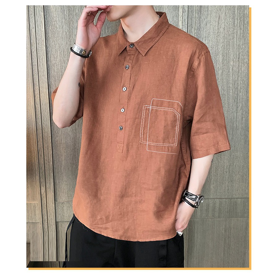 Áo đũi nam cổ đức chui đầu 5 khuy form rộng tay lỡ, chất đũi mềm mại, thiết kế túi ngực giả phong cách lịch lãm | BigBuy360 - bigbuy360.vn