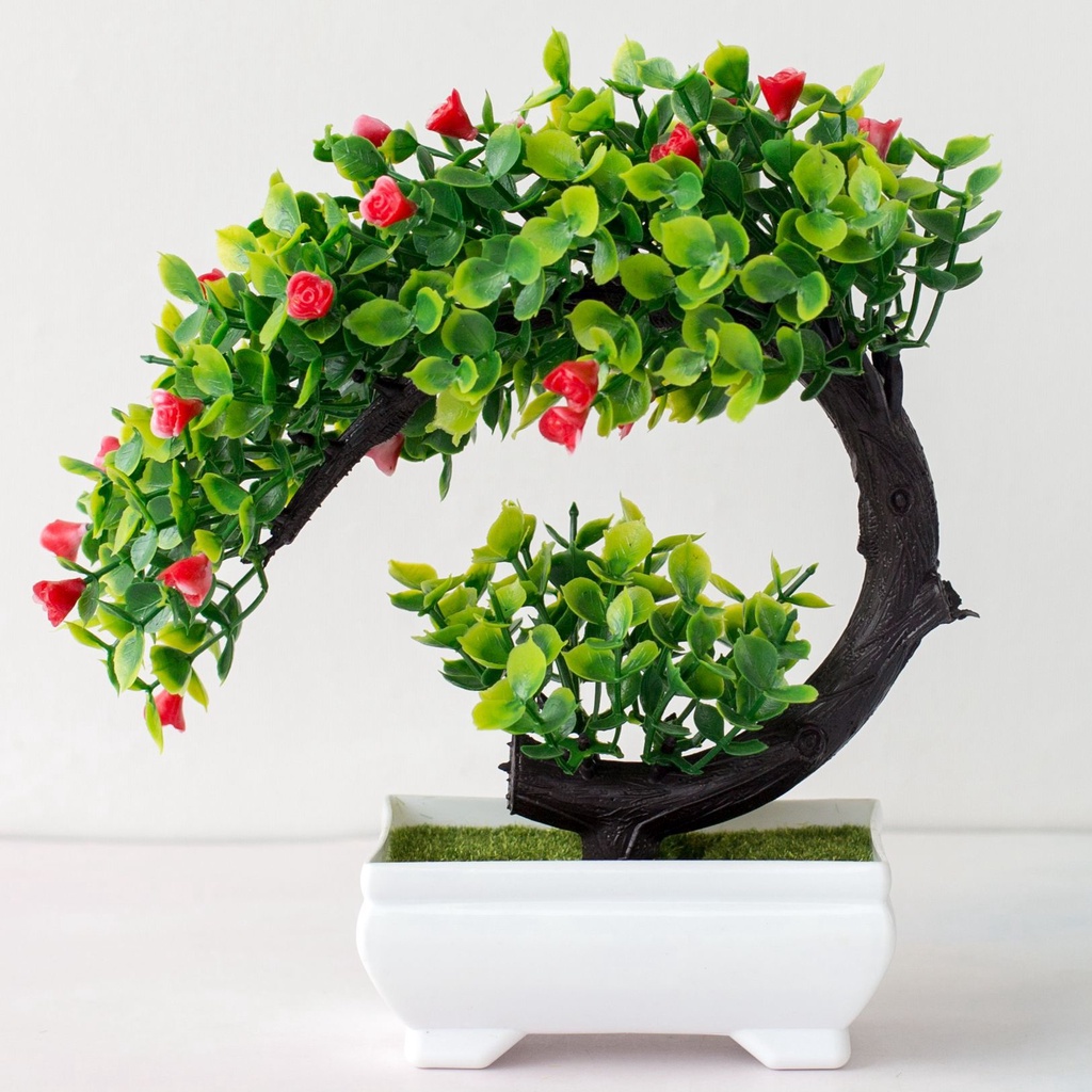 CÂY GIẢ BONSAI HOA RỰC RỠ kèm chậu - Chậu cây Phú Quý Cát Tường trang trí, để bàn - Hoa giả may mắn tài lộc