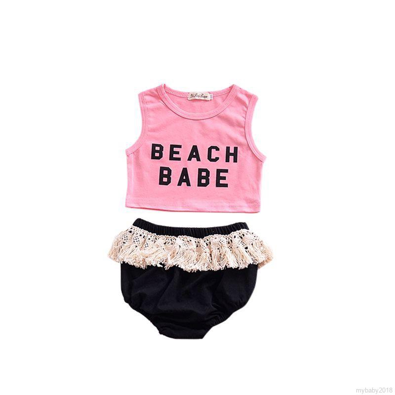 B My Baby  ộ Áo Ba Lỗ In Chữ + Quần Short Tua Rua Cho Bé