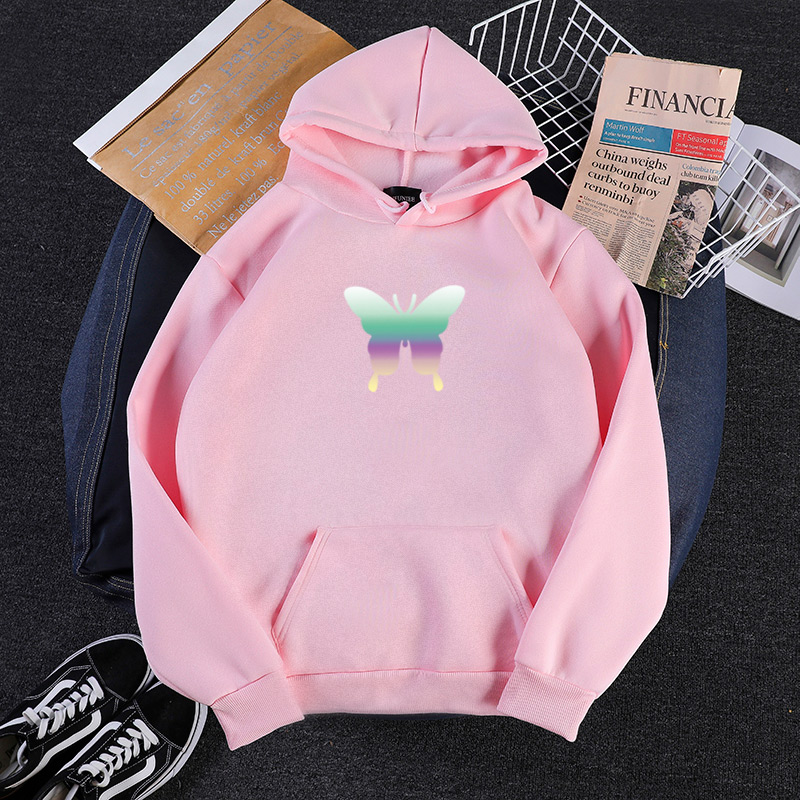BUTTERFLY Áo Hoodie Lửng Có Nón Dài Tay In Hình Bướm Thời Trang Cho Nữ
