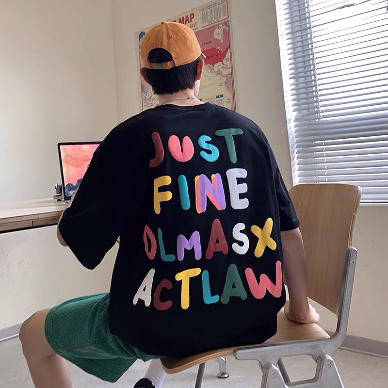 Áo phông nam nữ form rộng 2N Unisex thun cotton in nổi just fine nhiều màu trắng/đen