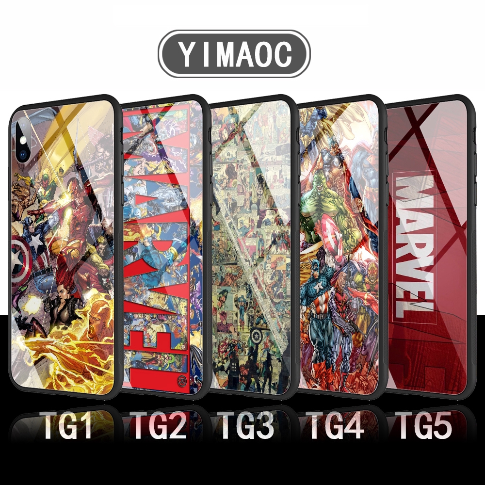 Ốp điện thoại mặt kính in hình truyện tranh siêu anh hùng Marvel cho Samsung S7 Edge S8 S9 S10 Plus Note 10