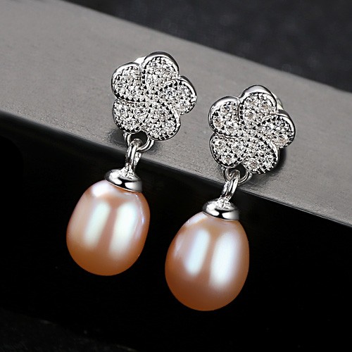 Bông Tai Bạc Nữ S925 Thiết Kế Bông Hoa Dáng Thả Đính Hạt Ngọc Trai Thiên Nhiên B2347 - Bảo Ngọc Jewelry