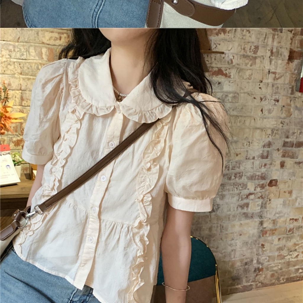 Áo Kiểu Tay Phồng Ngắn Cổ Búp Bê Họa Tiết Sọc Caro Phong Cách Pháp Thanh Lịch Dành Cho Nữ