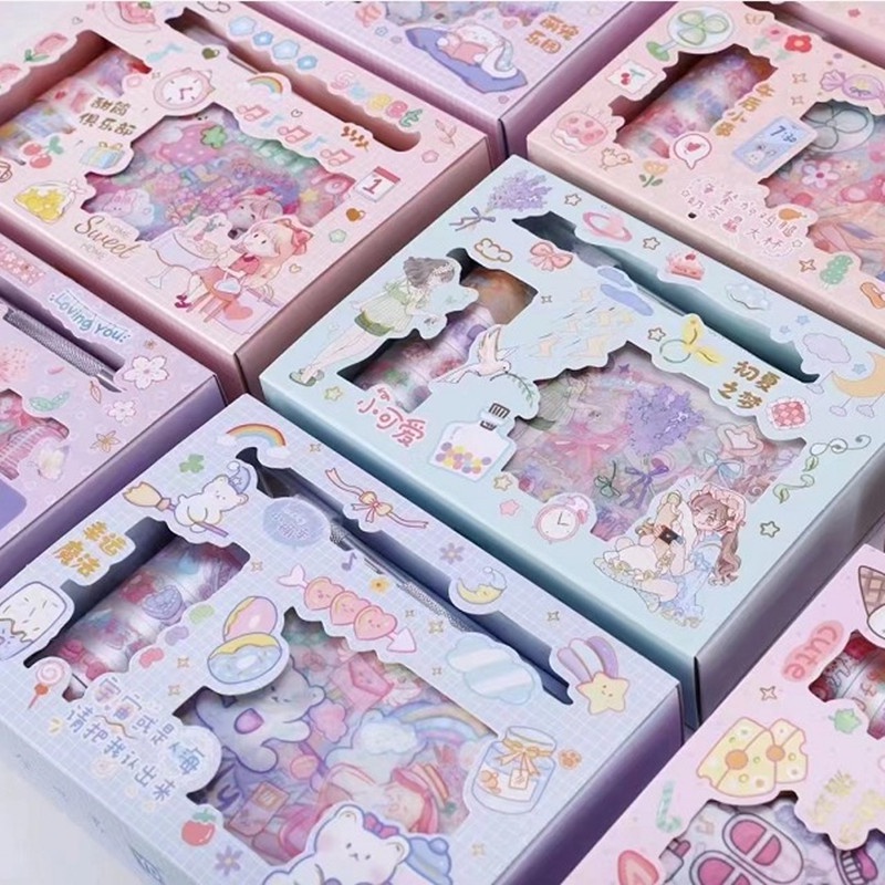 Hộp 18 món sticker + băng dính washi tape nhiều hình cute dễ thương trang trí sổ tay nhật ký đáng yêu đa năng CREAMY