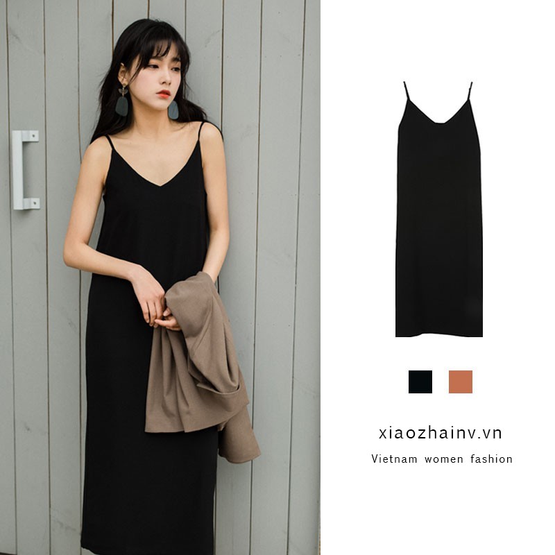 Xiaozhainv Đầm dài 2 dây màu trơn đơn giản xinh xắn cho nữ