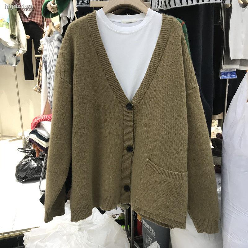 Áo khoác cardigan dệt kim cổ chữ V dáng rộng màu đen thời trang thu đông