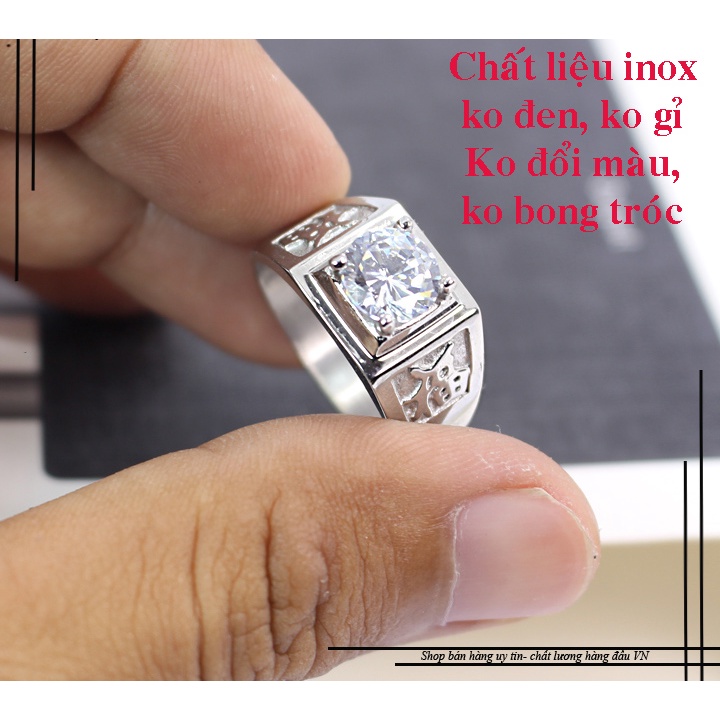 Nhẫn nam inox đính xoàn chạm chữ phước 2 bên đem lại may mắn cho người đeo, Tặng hộp