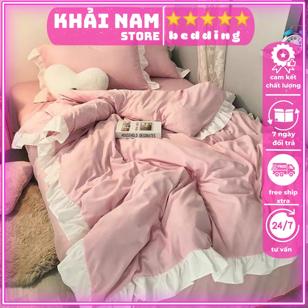 Bộ chăn ga gối cotton tici phối viền bèo xinh xắn, chất cotton thoáng mát không phai màu, không xù, miễn phí bo chun