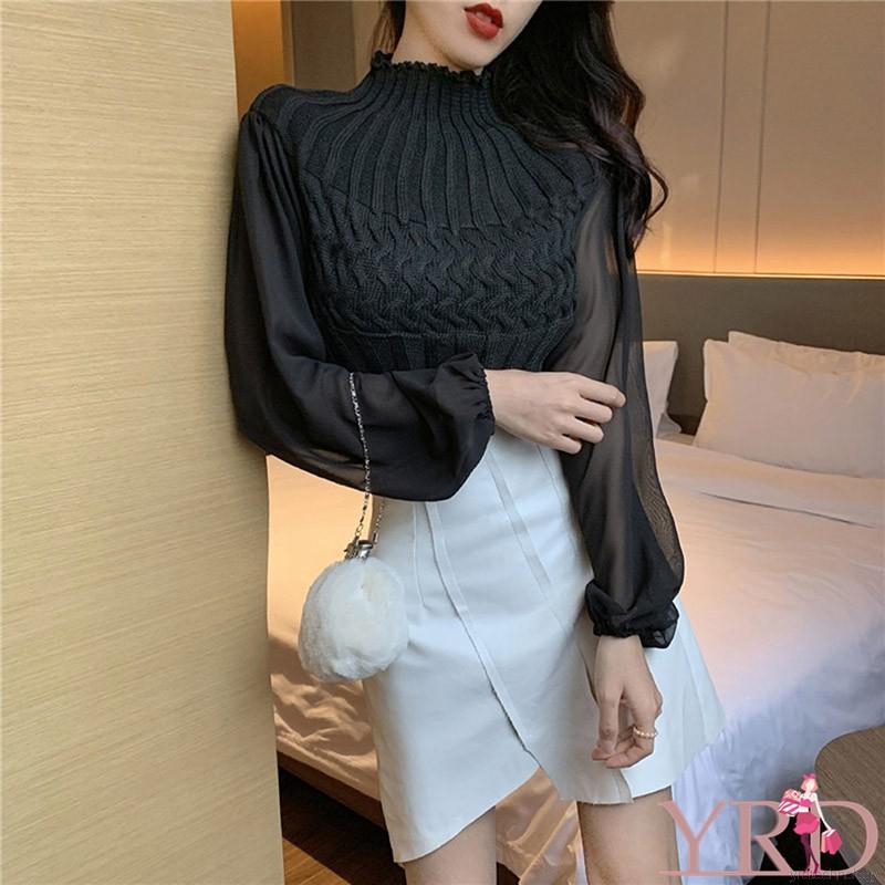 FREESHIP ĐƠN 99K_ Korean Style Women Round Neck Lantern Sleeve Stitching Tops | WebRaoVat - webraovat.net.vn