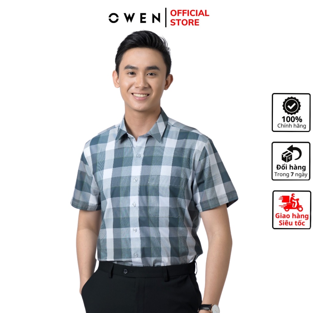 Áo sơ mi nam ngắn tay OWEN BA220409NT somi công sở vải bạc hà cao cấp màu xanh bạc hà kẻ ô dáng suông tà bằng có túi