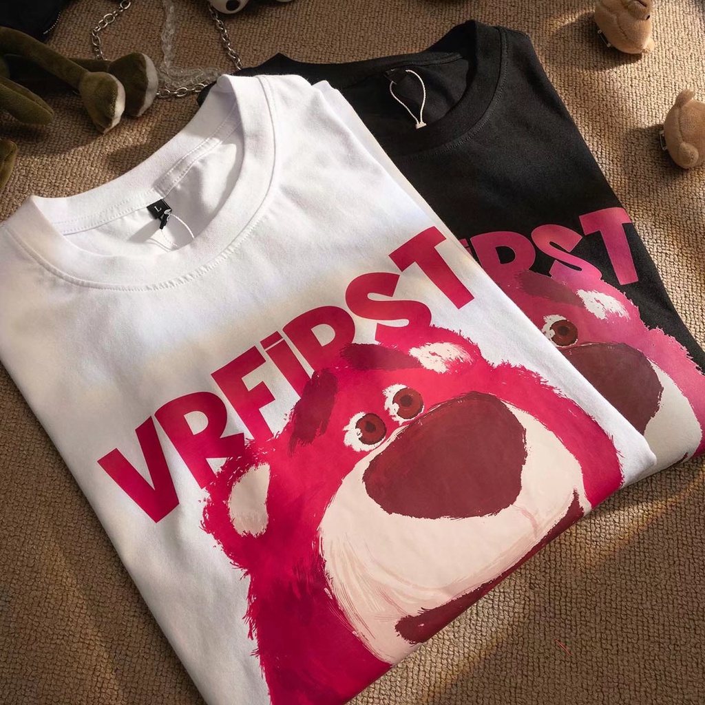 Áo Thun Tay Ngắn Dáng Rộng In Hình Gấu Dâu Tây Dễ Thương Thời Trang Cho Cặp Đôi