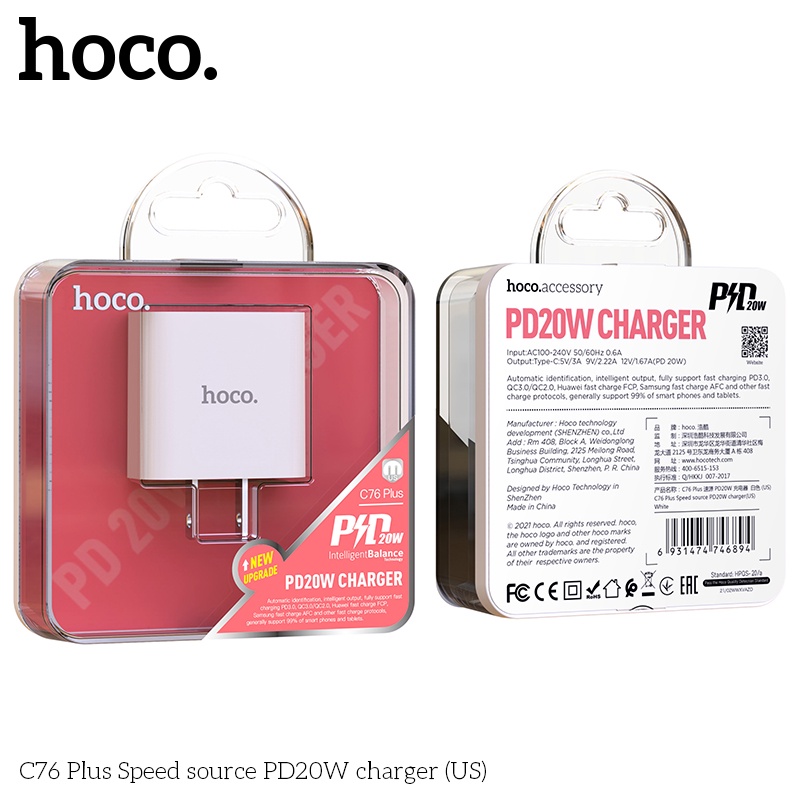 Củ sạc nhanh Hoco C76 Plus dòng PD 20W / QC3.0, cóc sạc dùng cho iPhone / iPad / Android - Chính hãng