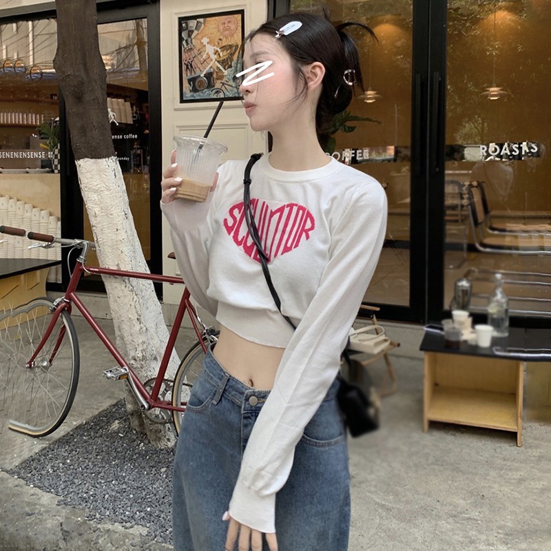 Áo Sweater Tay Dài Cổ Tròn In Chữ Trái Tim Thời Trang Thu Đông Phong Cách Retro Mới