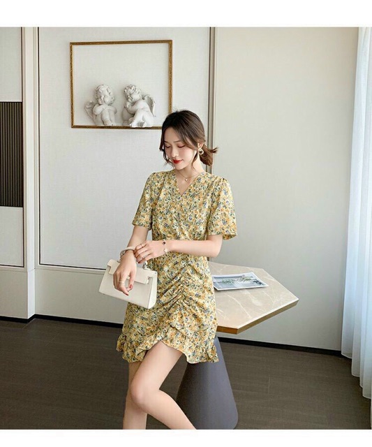 Đầm Vàng Hoa Nhí Nhún Thun Đùi_ Đầm Dự Tiệc Siêu Xinh | BigBuy360 - bigbuy360.vn