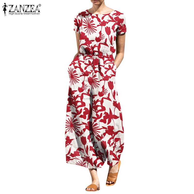 Áo liền quần ZANZEA in họa tiết có túi gài nút sau lưng phong cách Châu Âu cho nữ