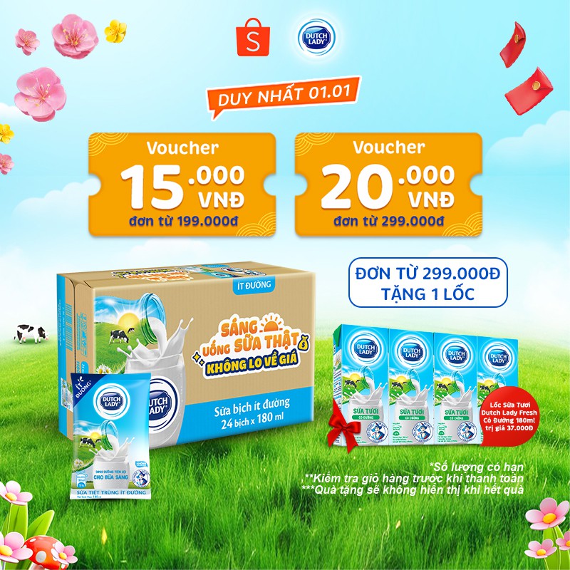 [HSD: 03/2024] Thùng 24 bịch sữa tươi tiệt trùng ít đường Dutch Lady Canxi & Protein 180ml:Chính hãn