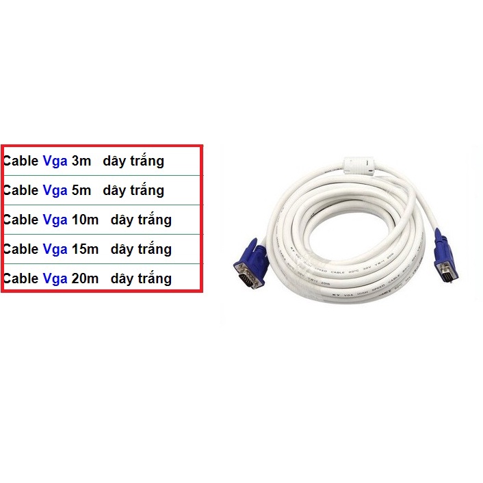 Dây cáp VGA 10m 15M 20M 30M chống nhiễu tốt chuẩn 3+5 màu trắng ARIGATO