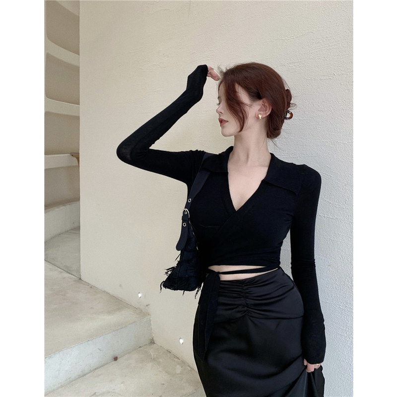 Áo dệt kim QKOOLE cổ chữ V phong cách cổ điển Hàn Quốc cho nữ