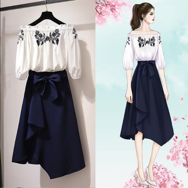 Set váy thắt nơ phối áo thêu hoa thanh lịch STH118 (HÀNG ORDER 10-15 NGÀY)