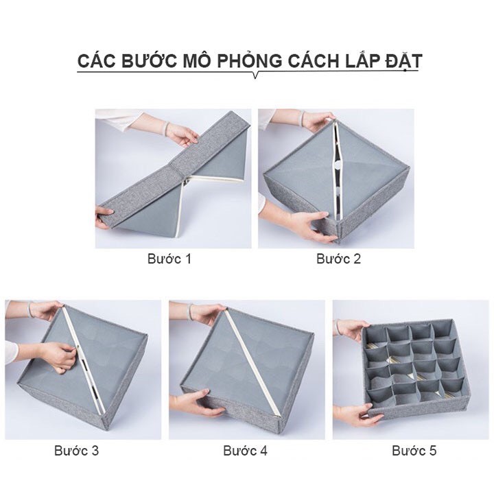 Combo 3 hộp vải đựng đồ lót - Khay xếp quần áo - Hộp đựng tất vớ gấp gọn chia ngăn tiện ích - MiuMiu Mart