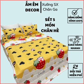 Trọn bộ sét chăn hè ga gối 5 món poly cotton - Gồm 1 chăn hè 1 ga bo chun 2 gối nằm 1 gối ôm - Chăn ga gối Ấm Êm Decor