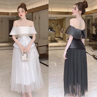 Set áo peplum bẹt vai kèm chân váy