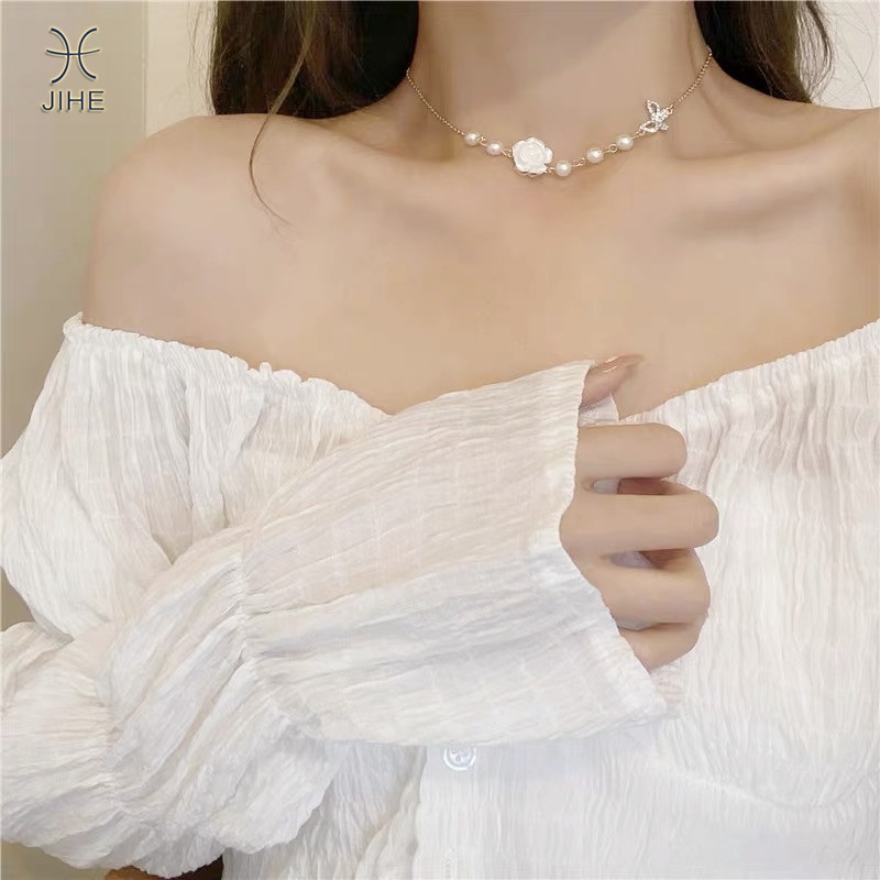 【JIHE】Vòng cổ Mặt Hoa Hồng Đính Ngọc Trai Thời Trang